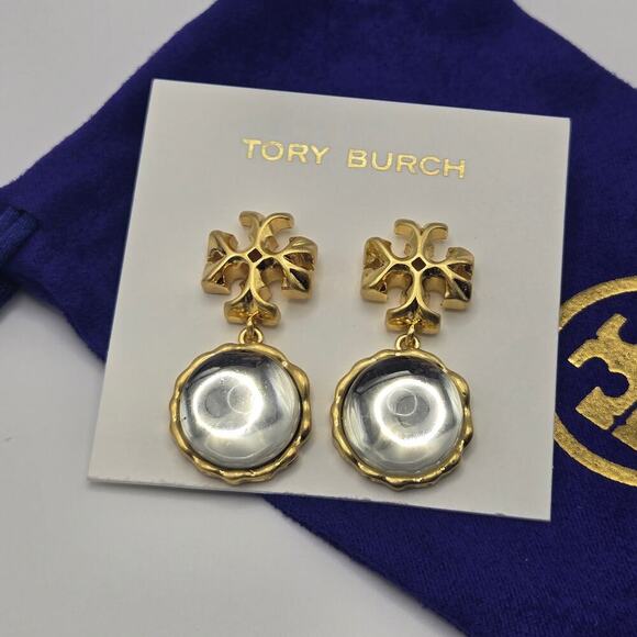 NEW Tory Burch Roxanne Clear Resin Dangle Drop Earrings Gold Logo Statement - Picture 1 of 4